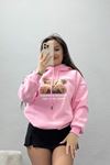 3 İplik Kapşonlu Baskılı Sweat Pembe - 42220.1878.