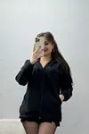 Kadın Kapşonlu Fermuarlı Modal Sweat Siyah