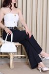 Kadın Bezayağı Kemerli Çift Pile Pantolon Lacivert