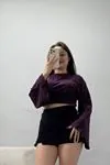 Kadın Büzgülü Taşlı Modal Bluz Mürdüm