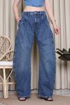 Kadın Asimetrik Kesim Balon Paça Kot Pantolon Mavi