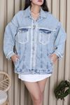 Kadın İncili Tasarım Denim Ceket Mavi