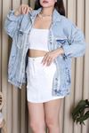 Kadın İncili Tasarım Denim Ceket Mavi