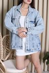 Kadın İncili Tasarım Denim Ceket Mavi