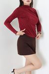 Kadın Dik Yaka Drapeli Simli Sandy Bluz Bordo