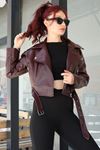 Kadın Astarlı Kemerli Deri Ceket Bordo