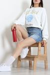 Kadın Quzu İki İplik Baskılı Sweatshirt Beyaz