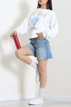 Kadın Quzu İki İplik Baskılı Sweatshirt Beyaz
