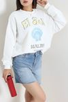 Kadın Quzu İki İplik Baskılı Sweatshirt Beyaz
