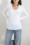 Kadın Uzun Kol V Yaka Body Beyaz