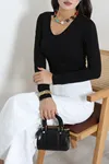 Kadın Uzun Kol V Yaka Body Siyah
