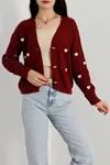 Kadın Nakışlı Crop Hırka Bordolatte