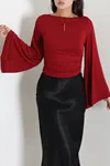 Kadın Kayık Yaka Viskon Yandan Büzgülü Bluz Bordo