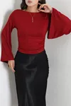 Kadın Kayık Yaka Viskon Yandan Büzgülü Bluz Bordo