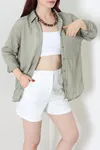 Kadın Çizgili Buklet Oversize Gömlek Haki