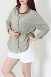Kadın Çizgili Buklet Oversize Gömlek Haki