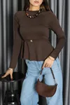 Kadın Modal Peplum Detaylı Bluz Kahve