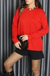 Kadın Modal Oversize Taşlı Bluz Kırmızı
