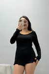 Kadın Modal U Yaka Taşlı Bluz Siyah