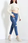 Kadın Fit Yırtık Yamalı Mom Jean Mavi