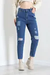 Kadın Fit Yırtık Yamalı Mom Jean Mavi