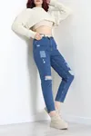 Kadın Fit Yırtık Yamalı Mom Jean Mavi