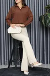 Kadın Düşük Omuz Oversize Poplin Gömlek Açıkkahve
