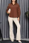 Kadın Düşük Omuz Oversize Poplin Gömlek Açıkkahve