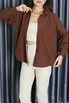 Kadın Düşük Omuz Oversize Poplin Gömlek Açıkkahve