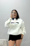 Kadın Polo Yaka Nakışlı 3 İplik Şardonlu Sweat Beyazlacivert