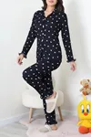 Kadın Bürümcük Fırfırlı Düğmeli Pijama Takımı Lacivert