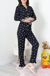 Kadın Bürümcük Fırfırlı Düğmeli Pijama Takımı Lacivert