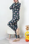 Kadın Süet Düğmeli Pijama Takım Zümrüt