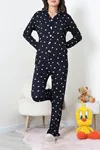 Kadın Bürümcük Fırfırlı Düğmeli Pijama Takımı Lacivert