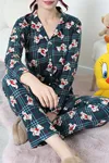 Kadın Süet Düğmeli Pijama Takım Zümrüt