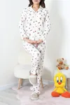 Kadın Bürümcük Fırfırlı Düğmeli Pijama Takımı Krem