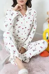 Kadın Bürümcük Fırfırlı Düğmeli Pijama Takımı Krem