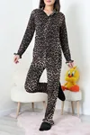 Kadın Bürümcük Fırfırlı Düğmeli Pijama Takımı Leopar
