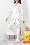 Kadın Bürümcük Fırfırlı Düğmeli Pijama Takımı Krem