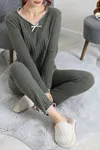 Kadın Fitilli Kurdaleli Pijama Takım Haki