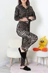 Kadın Bürümcük Fırfırlı Düğmeli Pijama Takımı Leopar