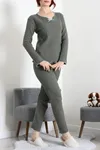 Kadın Fitilli Kurdaleli Pijama Takım Haki