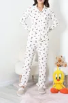 Kadın Bürümcük Fırfırlı Düğmeli Pijama Takımı Krem