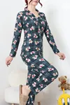 Kadın Süet Düğmeli Pijama Takım Zümrüt