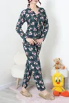 Kadın Süet Düğmeli Pijama Takım Zümrüt