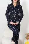 Kadın Bürümcük Fırfırlı Düğmeli Pijama Takımı Lacivert