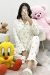 Kadın Bürümcük Fırfırlı Düğmeli Pijama Takımı Ekru