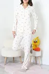 Kadın Bürümcük Fırfırlı Düğmeli Pijama Takımı Ekru