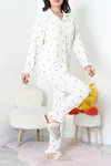 Kadın Bürümcük Fırfırlı Düğmeli Pijama Takımı Ekru