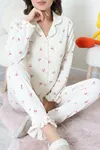 Kadın Bürümcük Fırfırlı Düğmeli Pijama Takımı Ekru